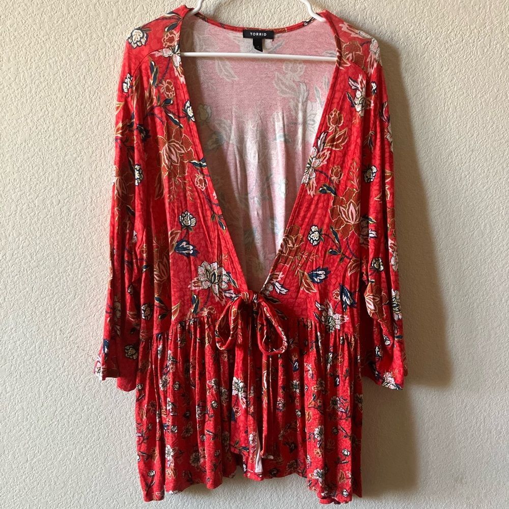 Torrid Red Floral Botanical Boho Casual Modern V Neck Tie Front Cardigan 4X